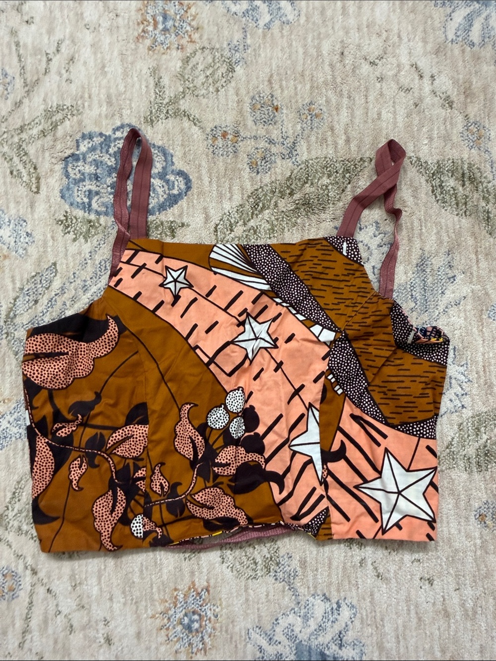 Mamie Ruth Cropped Tank Top in Rust & Peach Floral/Star Print